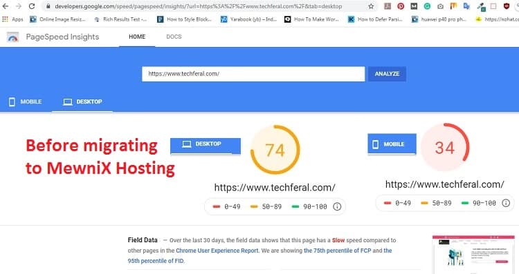 Before migrating to MewniX Cloud Hosting: Desktop and Mobile speed on Google Page Speed Insight test report