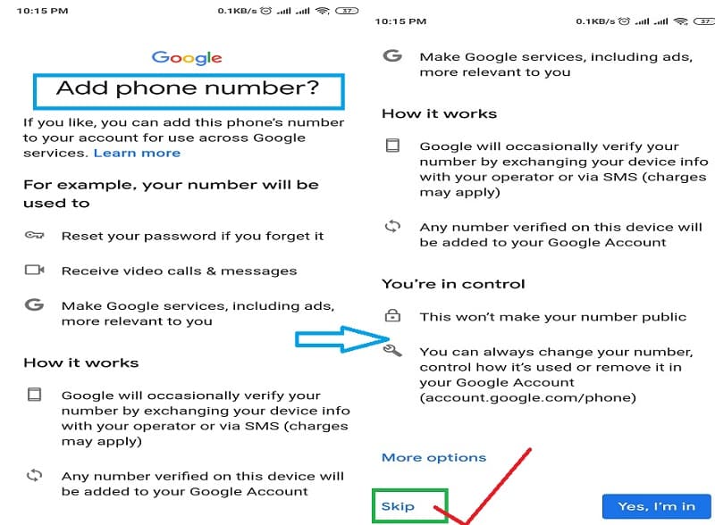 Step 8: Now it will ask to "Add phone number?". Scroll down and please select the "Skip" option to avoid phone no. verification with a new Google account.