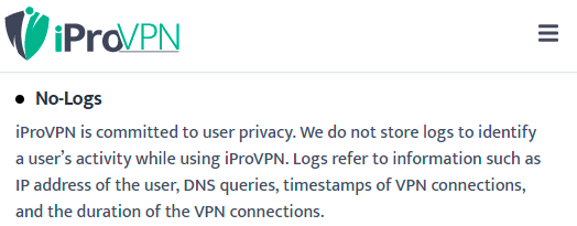 Does iProVPN log any user data? No Log